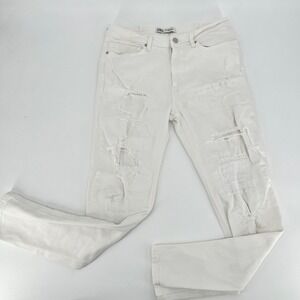 Zara Destroyed White Jeans Size 32 Distressed 10" Rise‎ Monochrome Neutral